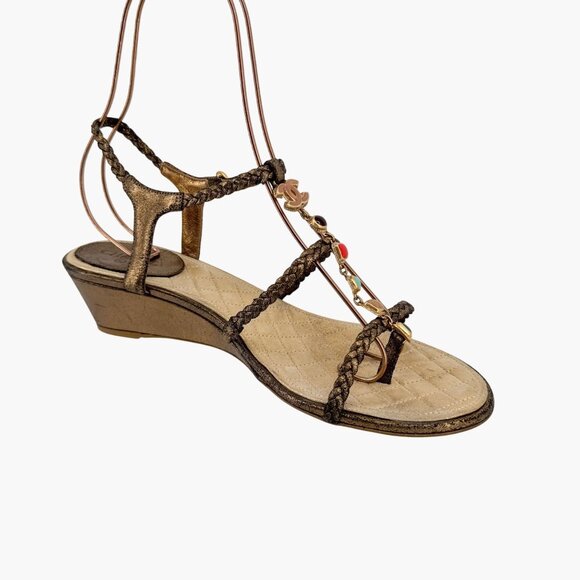 Chanel CC Gem Chain T-Strap Gold Quilted Leather Wedge Sandals Size 40 US 9-9.5 - Picture 10 of 14